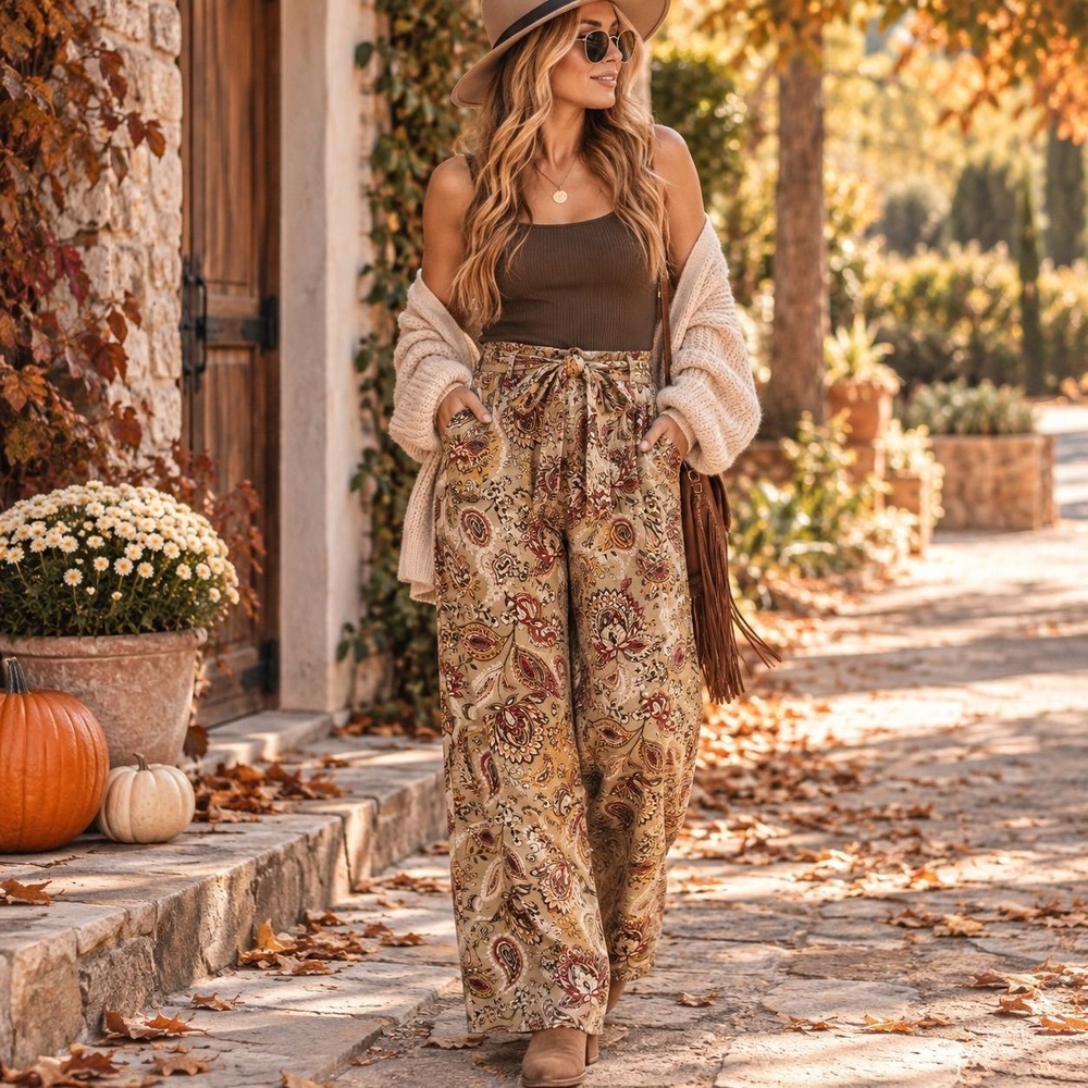 SOHO Apparel Ltd Paisley Wide-Leg Pants – Boho Print – XL